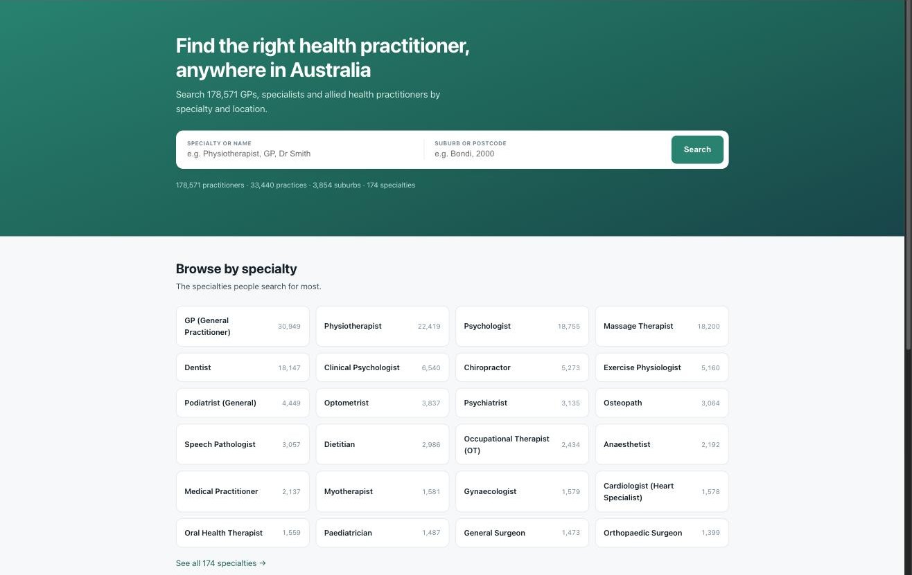 HealthFinder — search Australian health practitioners by specialty and location