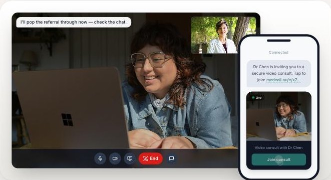 MedCall video consult — clinician view with patient joining from an SMS link on their phone